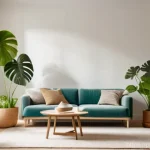 화분 재배치로 분위기 바꾸기 - A serene and naturally lit living room interior where a young woman, dressed in comfortable, modest ...