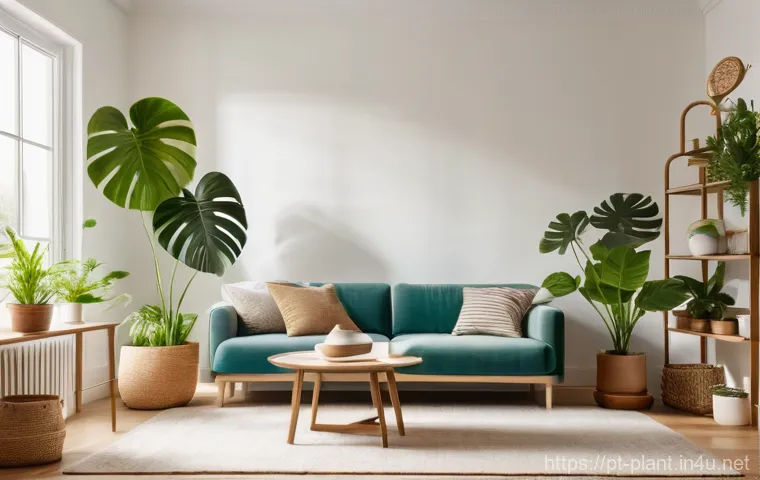 화분 재배치로 분위기 바꾸기 - A serene and naturally lit living room interior where a young woman, dressed in comfortable, modest ...