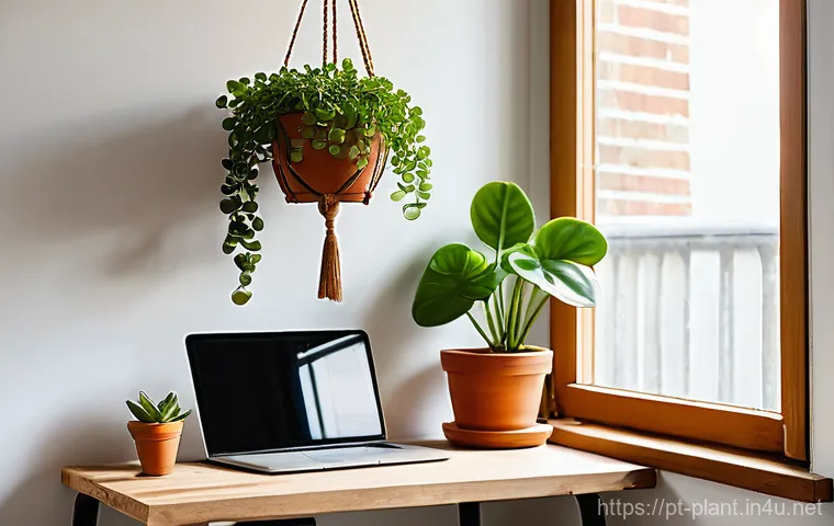 화분 재배치로 분위기 바꾸기 - A serene and naturally lit living room interior where a young woman, dressed in comfortable, modest ...