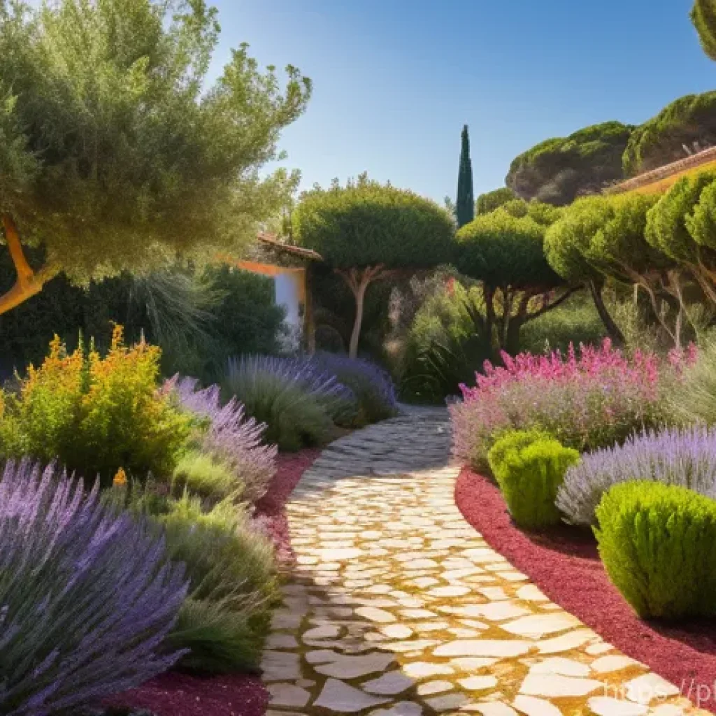자생식물 활용한 정원 조성 - A vibrant and lush native Portuguese garden bathed in warm, natural sunlight. Showcase a diverse arr...