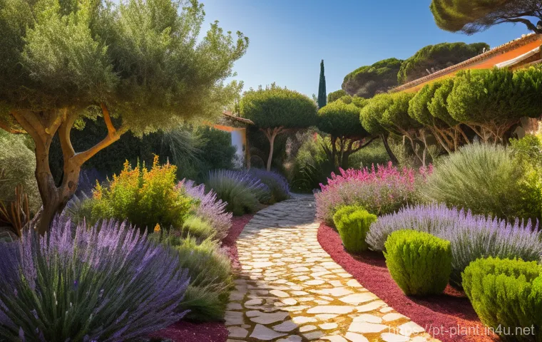 자생식물 활용한 정원 조성 - A vibrant and lush native Portuguese garden bathed in warm, natural sunlight. Showcase a diverse arr...