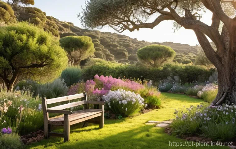 자생식물 활용한 정원 조성 - A close-up, dynamic shot of an active native Portuguese garden, focusing on pollinators. A busy hone...