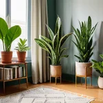 햇빛 없이 잘 자라는 식물 - **"Urban Jungle Retreat"**
    A tranquil and cozy corner of a modern apartment living room, softly ...