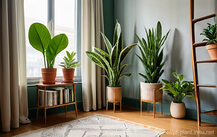 햇빛 없이 잘 자라는 식물 - **"Urban Jungle Retreat"**
    A tranquil and cozy corner of a modern apartment living room, softly ...