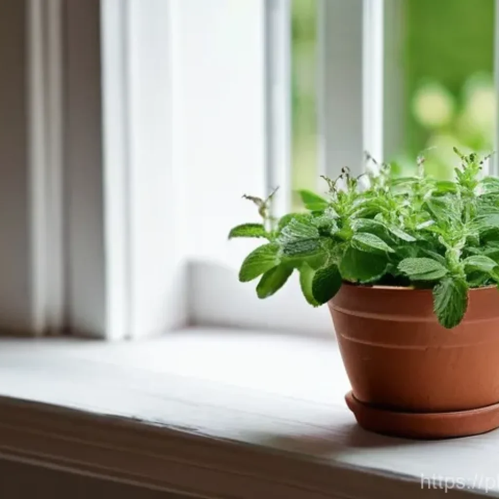 애플민트 재배 및 활용법 - **Vibrant Apple Mint in a Cozy Home Environment:**
    A close-up, eye-level shot of a thriving appl...
