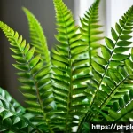Home 18 반려식물 병해충 해결법 - A close-up view of a healthy potted fern plant with vibrant green leaves, showing subtle brown spots...