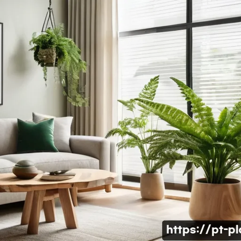 실내 조경 디자인 아이디어 - A modern, cozy living room corner featuring a variety of indoor plants adapted to low light conditio...