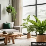 Home 17 실내 조경 디자인 아이디어 - A modern, cozy living room corner featuring a variety of indoor plants adapted to low light conditio...