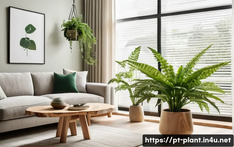 실내 조경 디자인 아이디어 - A modern, cozy living room corner featuring a variety of indoor plants adapted to low light conditio...