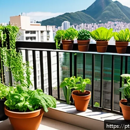 Home 28 베란다 텃밭 가꾸기 노하우 - A cozy urban balcony garden scene in a small Brazilian apartment, featuring vertical shelves and han...