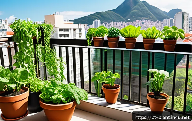 베란다 텃밭 가꾸기 노하우 - A cozy urban balcony garden scene in a small Brazilian apartment, featuring vertical shelves and han...