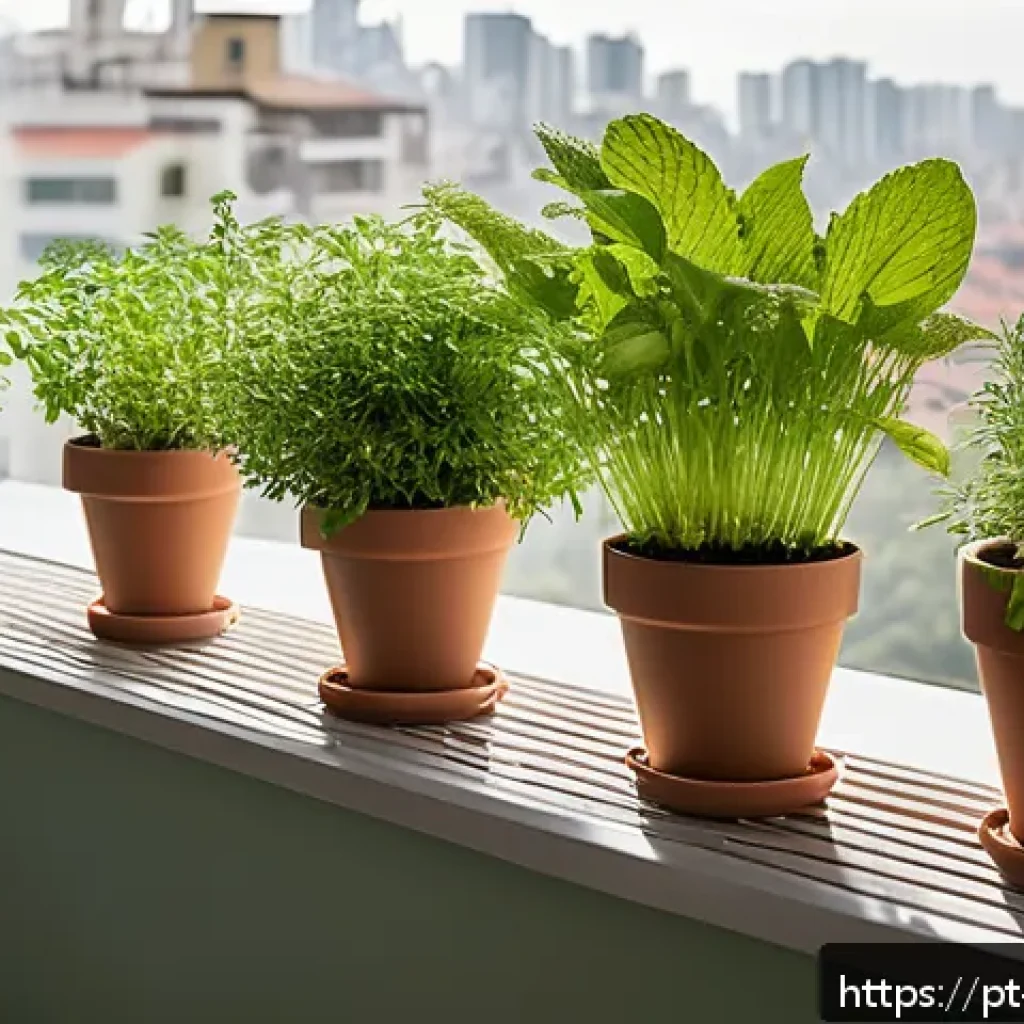 허브티용 식물 재배법 - A bright, cozy urban balcony garden in a Brazilian apartment, featuring various potted aromatic herb...