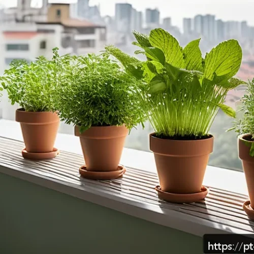 Home 15 허브티용 식물 재배법 - A bright, cozy urban balcony garden in a Brazilian apartment, featuring various potted aromatic herb...