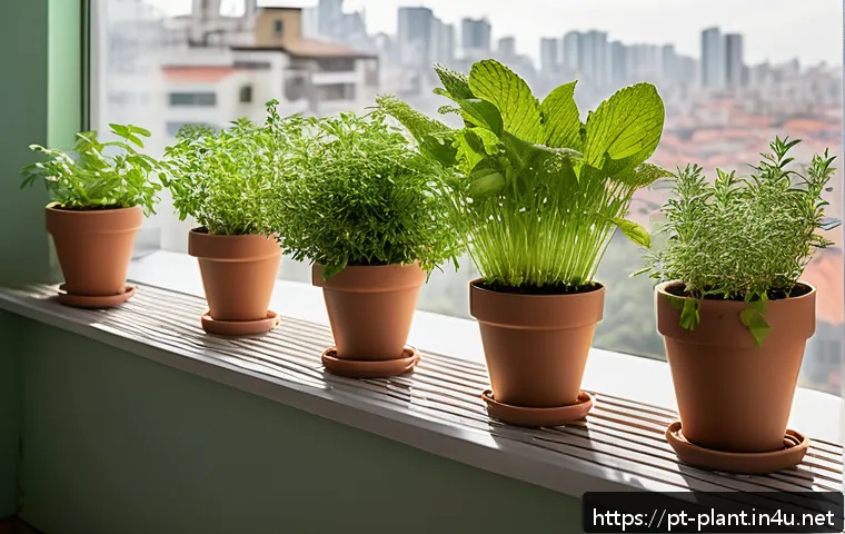 허브티용 식물 재배법 - A bright, cozy urban balcony garden in a Brazilian apartment, featuring various potted aromatic herb...