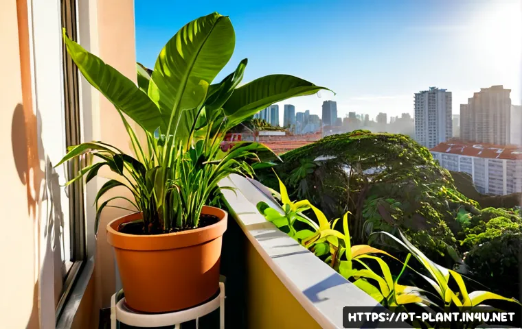 Home 15 이국적인 식물 키우기 - Photorealistic sunlit Brazilian apartment balcony garden, a healthy monstera deliciosa, bird of para...